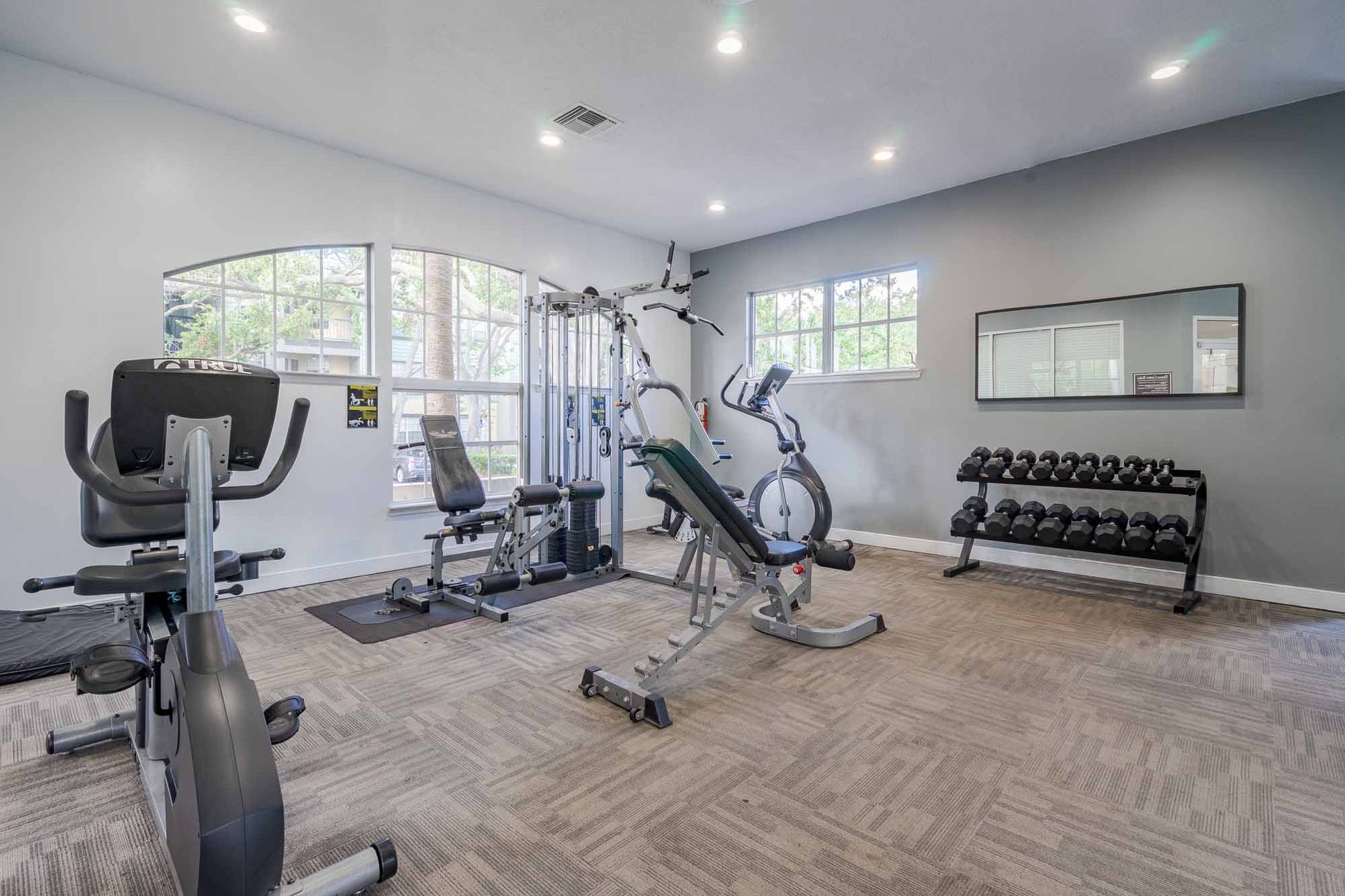 Gym interior with exercise equipment: stationary bike, weight bench, weights, windows. Gray walls and carpet. Explore modern finishes and flexible layouts at our Apts in Clearwater, FL.