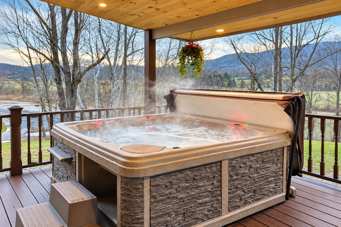 Steaming private hot tub on the covered deck of Red Fox Townhouse, overlooking the Catskill Mountains in Windham, NY.
