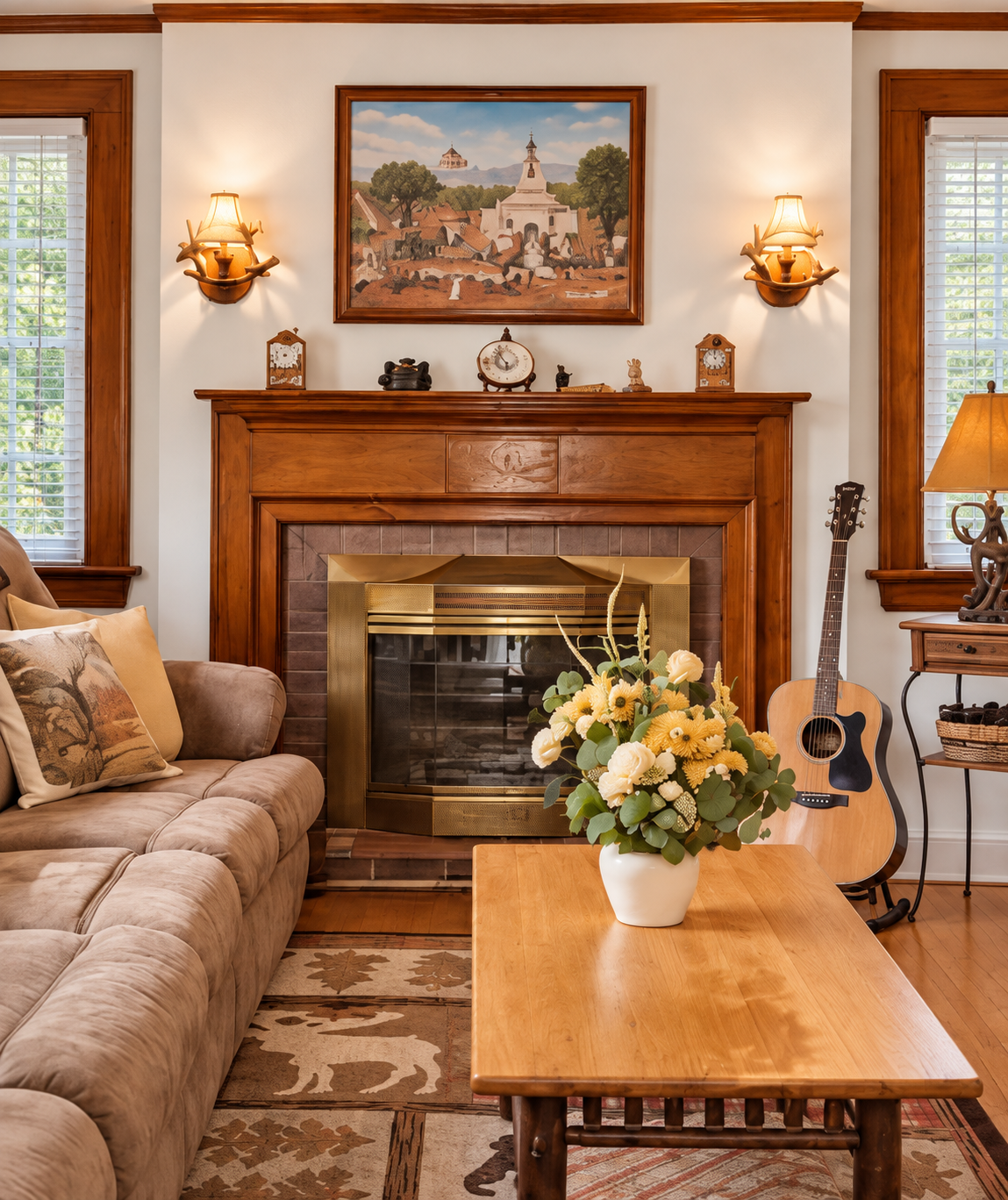 Cozy Red Fox Townhouse living room in Windham, NY, featuring a wood mantel, warm lighting and rustic decor.