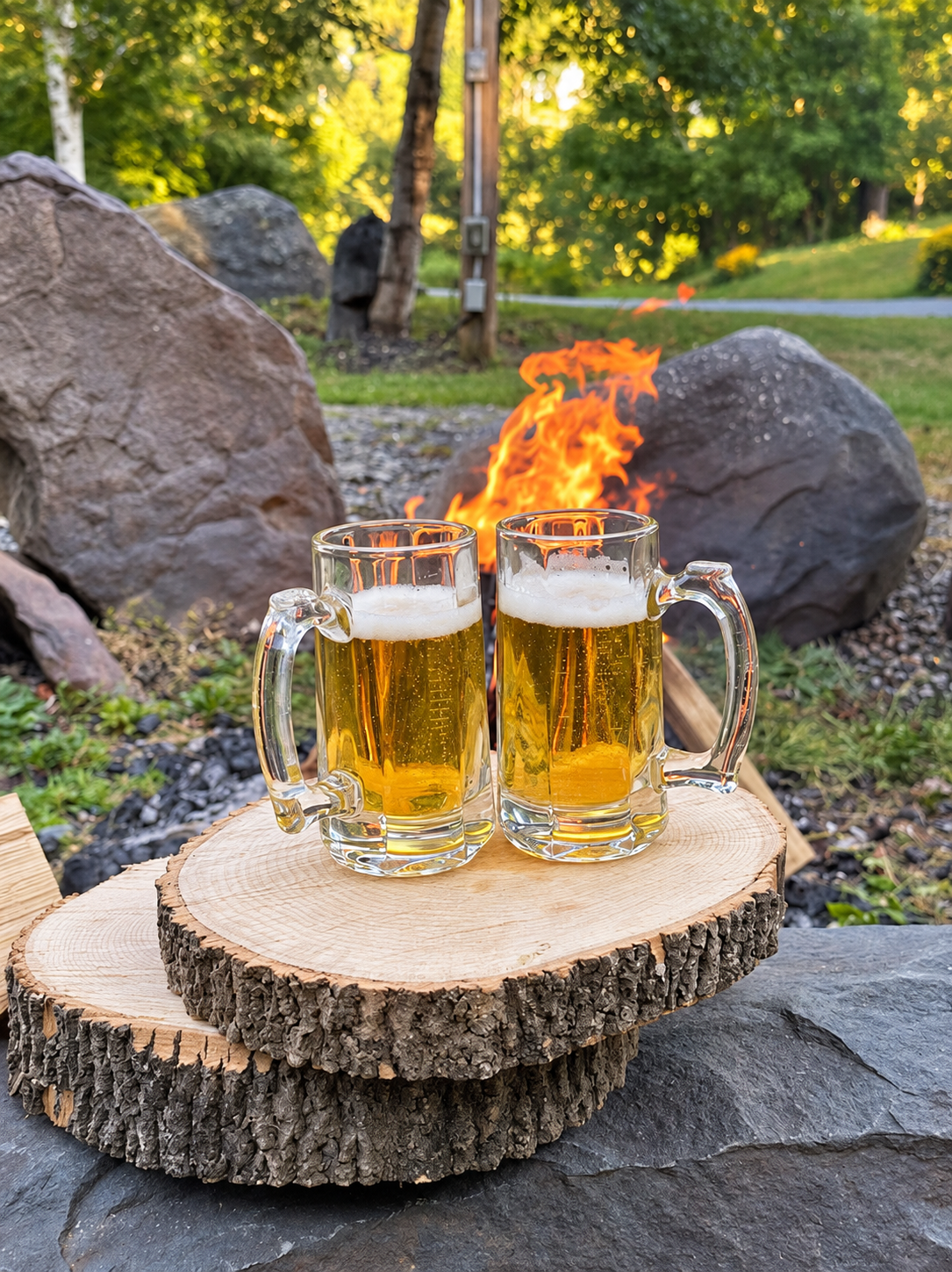 Rock fire pit at Windham Vacation in Windham, NY, with a glowing wood fire, large boulders and drinks beside the flames.