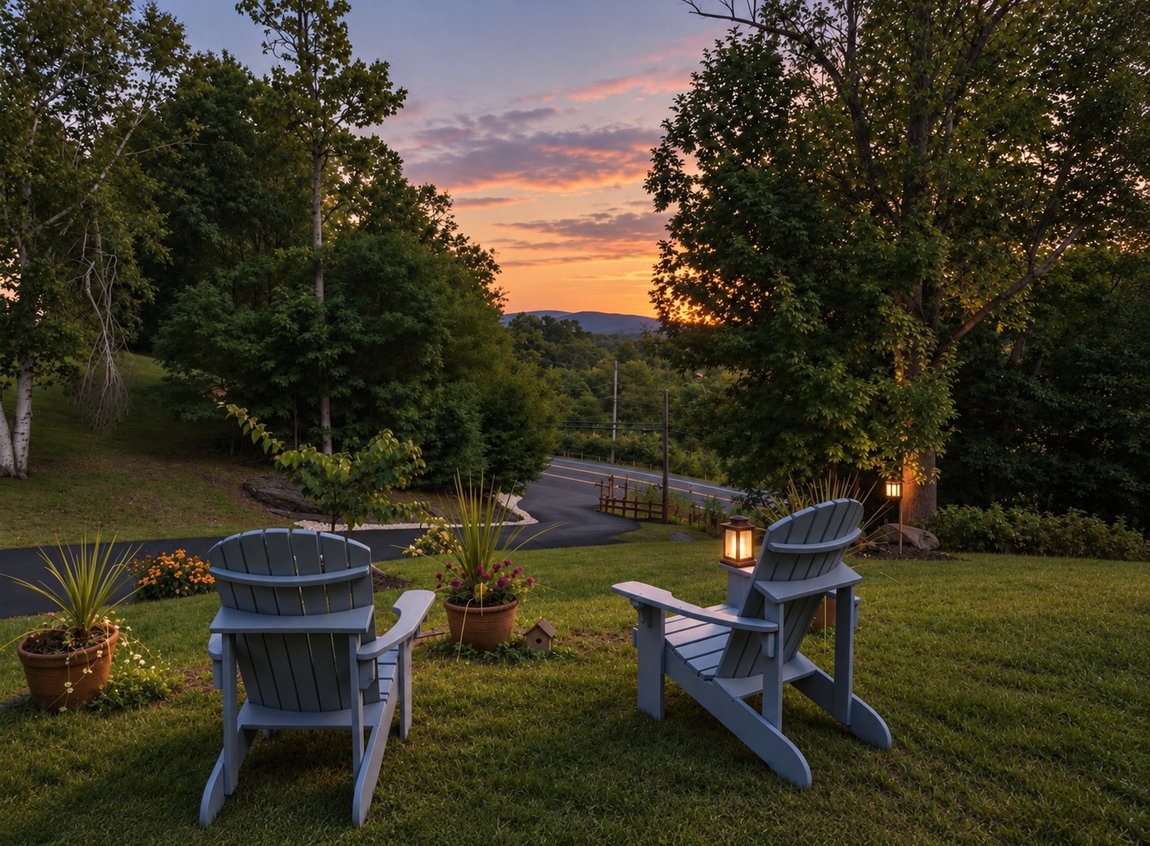 Two Adirondack chairs overlooking the Catskill Mountains at sunset from the lawn at Windham Vacation in Windham, NY.