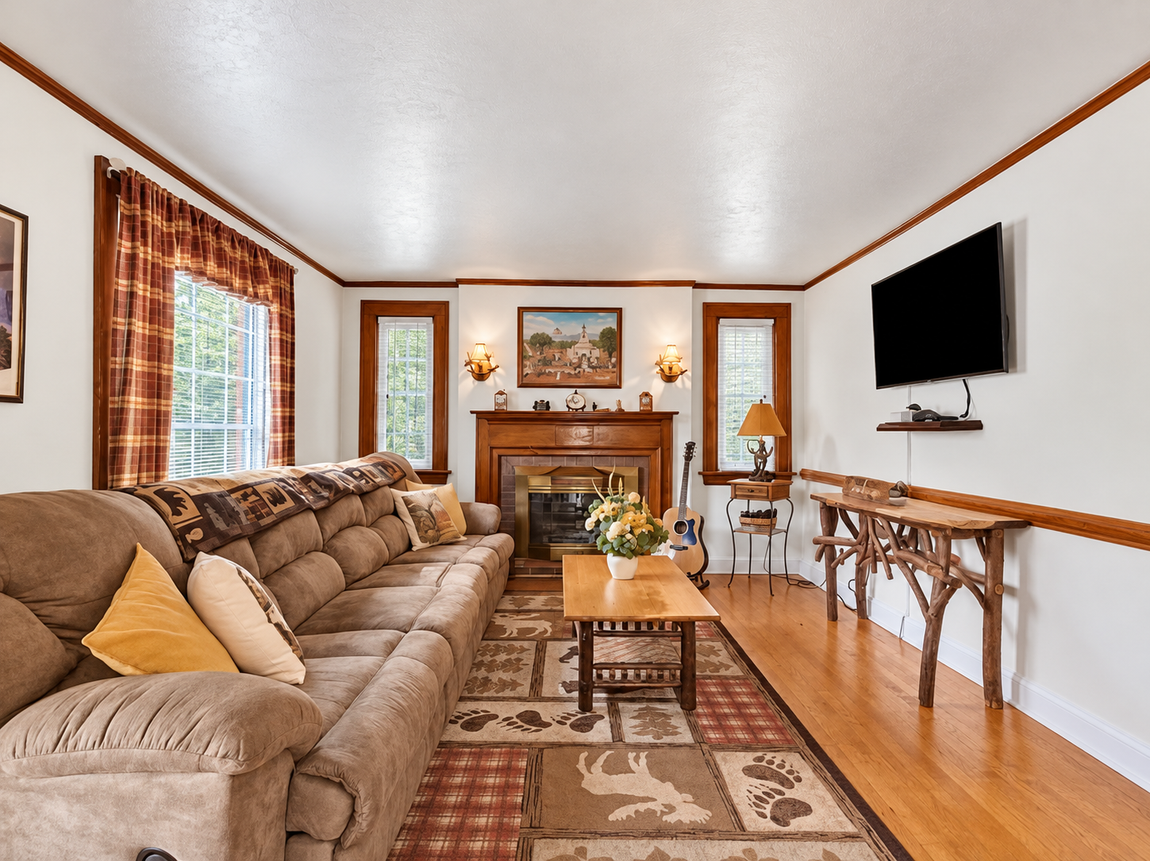 Spacious Red Fox Townhouse living room with comfortable sofa, fireplace, wall-mounted smart TV and warm wood flooring.