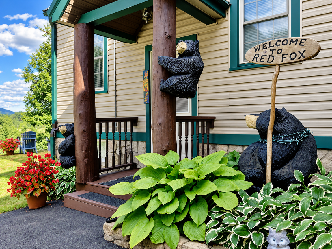 Red Fox Townhouse entrance at Windham Vacation in Windham, NY, rustic bear decorations, flowers and a covered porch.