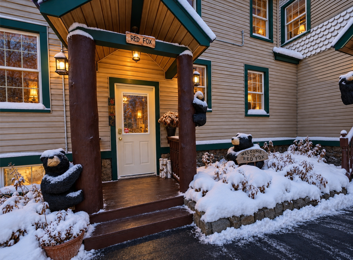 Snow-covered entrance to Red Fox Townhouse in Windham, NY, with porch lighting, rustic bear decorations and winter.