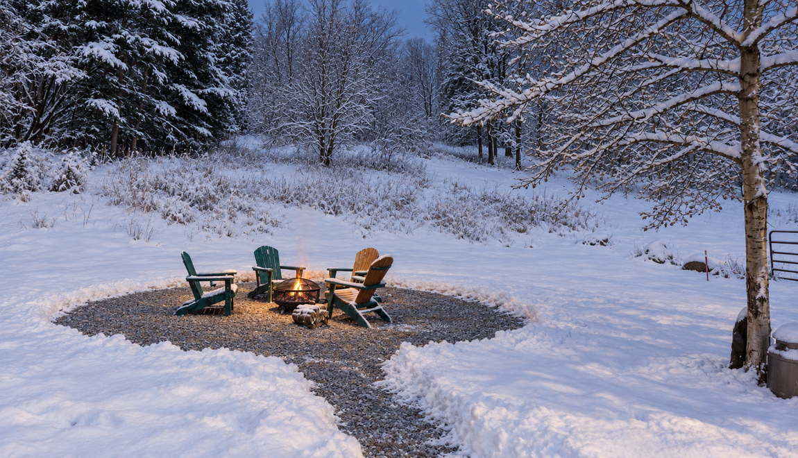Outdoor fire pit surrounded by Adirondack chairs and snow-covered trees at Windham Vacation in the Catskill Mountains.