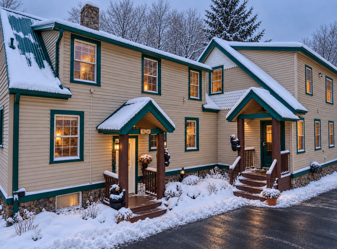 Snow-covered Red Fox and Little Bear Townhouses in Windham, NY, with welcoming porch lights and green metal roofs.