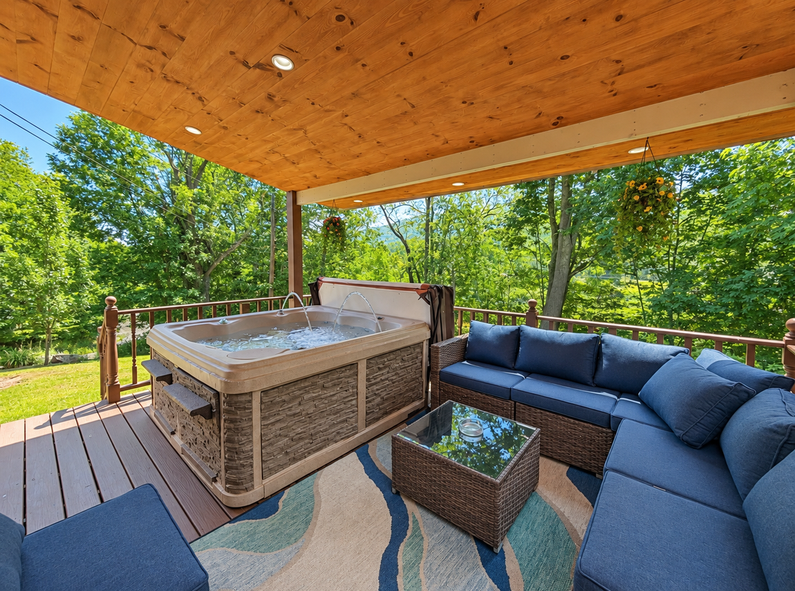 Private hot tub and comfortable outdoor sectional seating on the covered wooden deck at Red Fox Townhouse in Windham, NY.