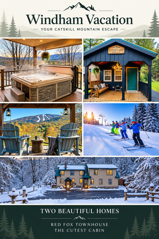 Windham Vacation in the Catskill Mountains, featuring a hot tub overlooking mountain scenery and the Cutest Cabin entrance.