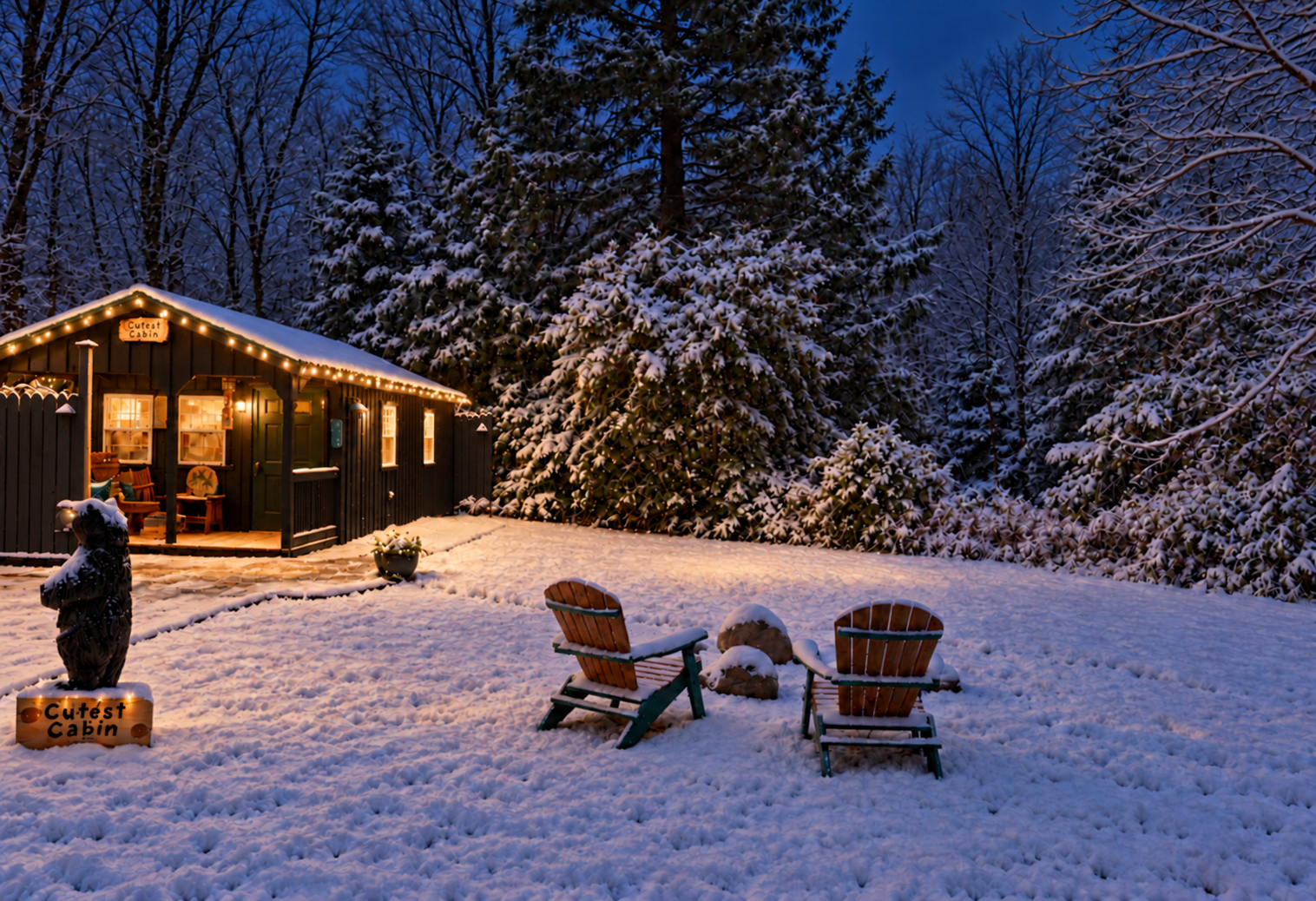 Snow-covered grounds at the Cutest Cabin in Windham, NY, with a warmly lit porch, Adirondack chairs and outdoor fire pit.