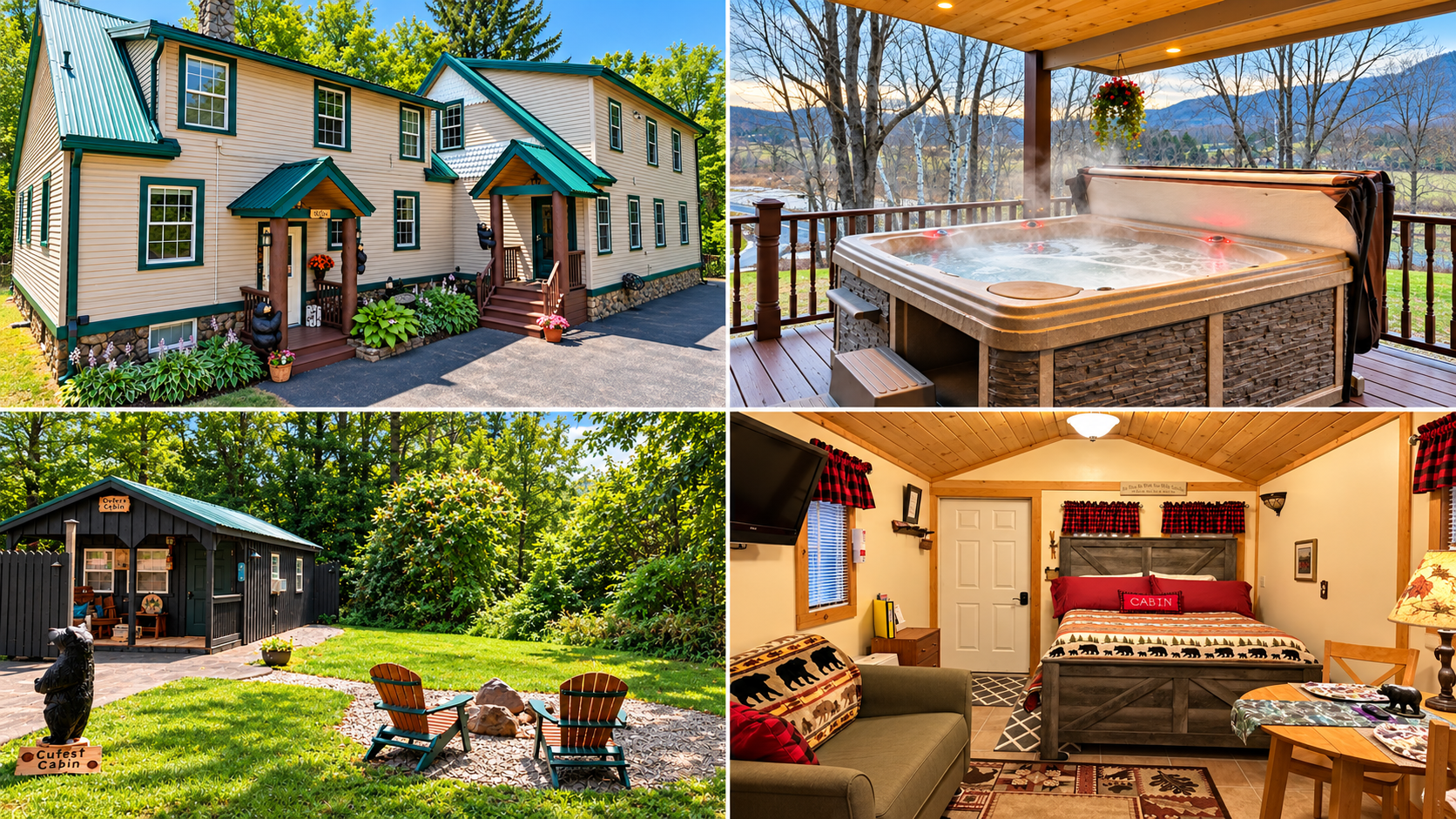 Windham Vacation photo collage featuring the Red Fox Townhouse, private hot tub, Cutest Cabin and cozy cabin interior.