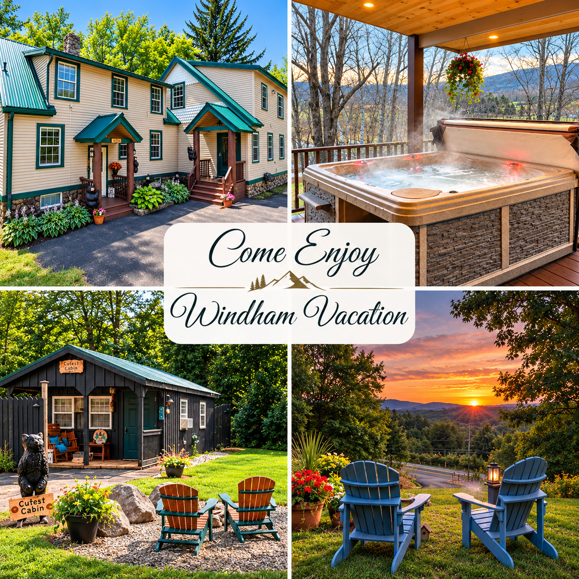 Come Enjoy Windham Vacation: Red Fox Townhouse, private hot tub, Cutest Cabin and scenic Catskills sunset views.