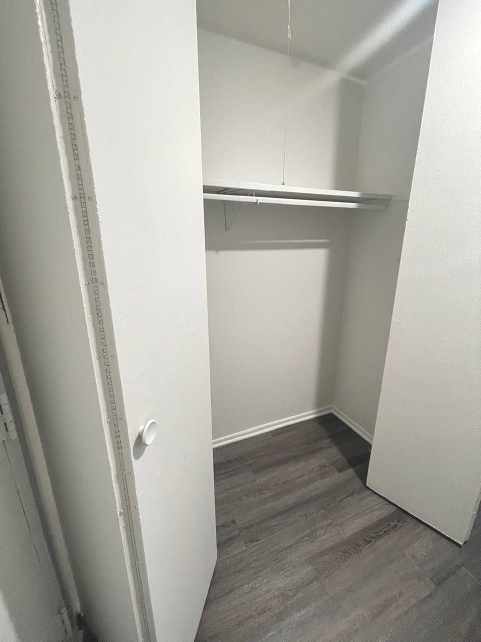 Open closet with white shelves and hanging rod, gray wood floor, and partially open door.