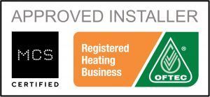 Logo for an approved heating installer displaying MCS Certified and OFTEC Registered Heating Business certifications.