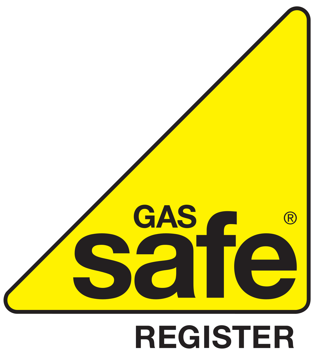 The yellow triangular Gas Safe Register logo with black text.