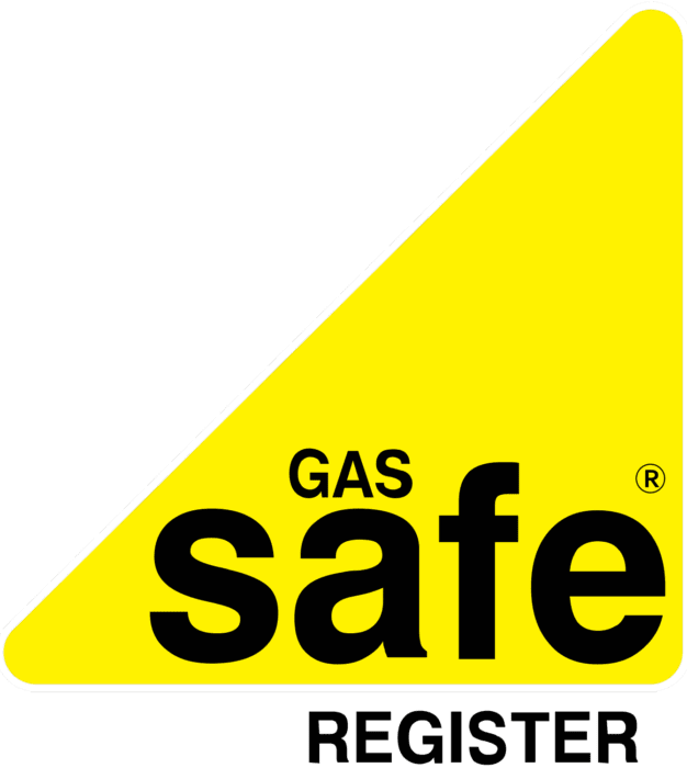 The Gas Safe Register logo featuring black text on a yellow triangular background.