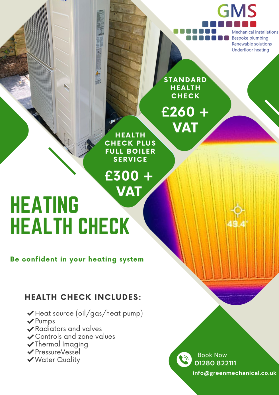 A GMS promotional flyer for a heating health check with prices, services listed, and images of a heat pump and thermal scan.