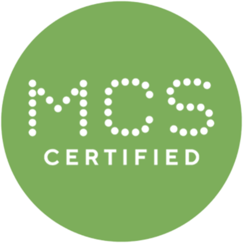 The MCS Certified logo featuring white, dotted lettering on a green circular background.