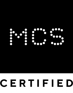 The MCS Certified logo featuring white dotted letters on a black background above the black text