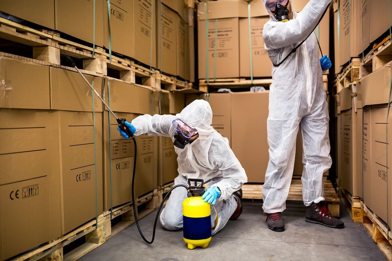 Two people in hazmat suits spraying insecticide in a warehouse filled with boxes on pallets.
