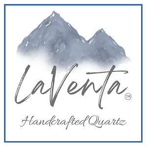 Logo: Watercolor mountains above "La Venta Handcrafted Quartz" text, in a blue-bordered white square.