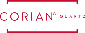 Logo for Corian Quartz. The word "CORIAN" is in red, with a registered trademark symbol, and "QUARTZ" appears below.