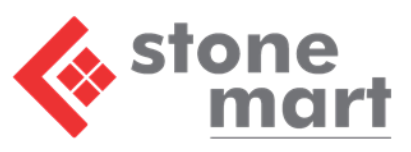 Red abstract logo with "stone mart" text, underlined.