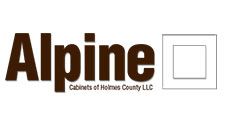 Alpine logo with brown text and a square design. 