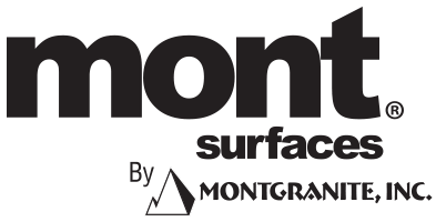 Logo for Mont Surfaces by Montgranite, Inc. Black text: mont, surfaces, and By MONTGRANITE, INC. with mountain icon.