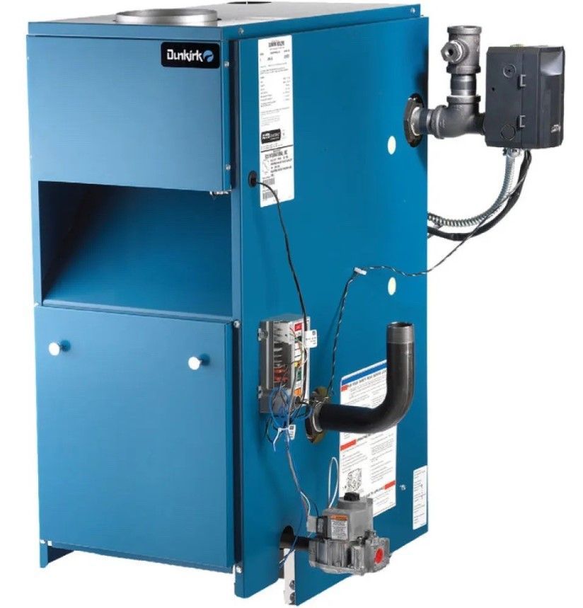 Blue industrial furnace/boiler unit with attached pipes, valves, and control box.