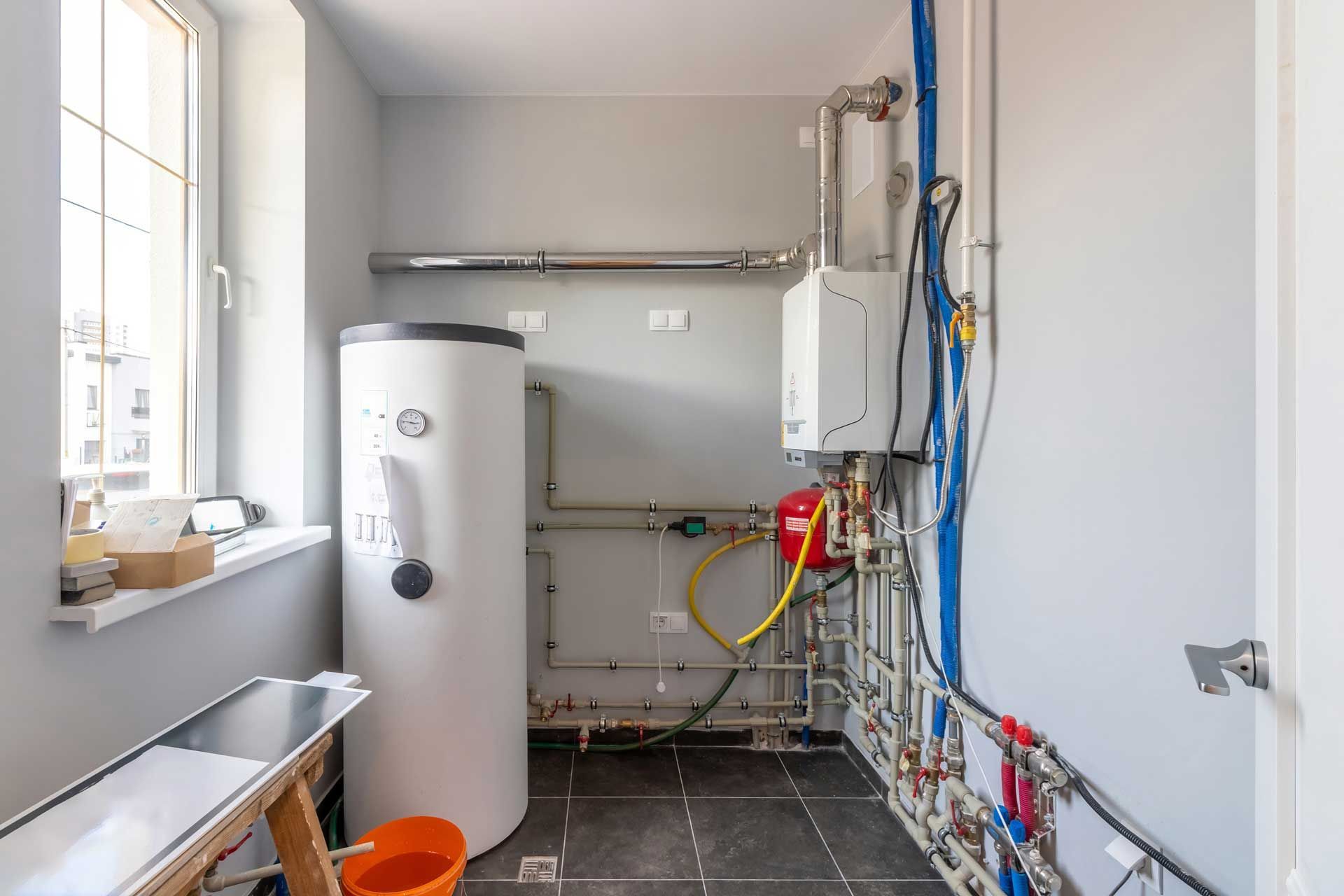 Utility room with water heater, boiler, and exposed pipes on a tiled floor