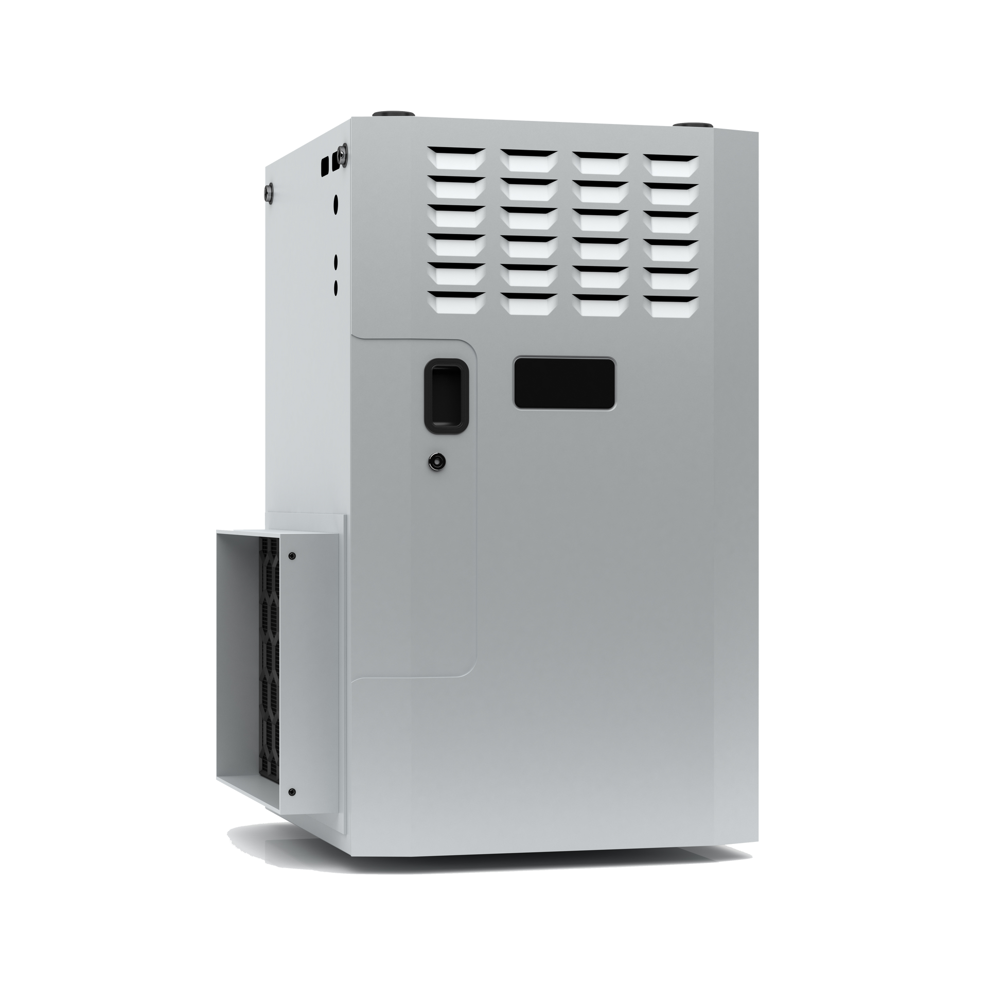 A white air conditioner is sitting on a white surface. White industrial metal appliance or machine with vents and side panel, isolated on white background