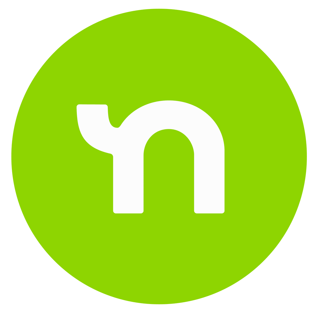 White lowercase “n” on a bright green circular background