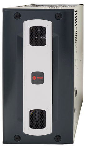 Front view of a gray metal electronic device with black vents and a central control panel.