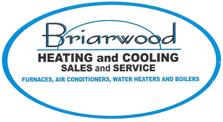 Brianwood Heating and Cooling logo with blue oval border and black text for sales and service.