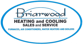 Brianwood Heating and Cooling logo with blue oval and text for furnaces, air conditioners, water heaters and boilers