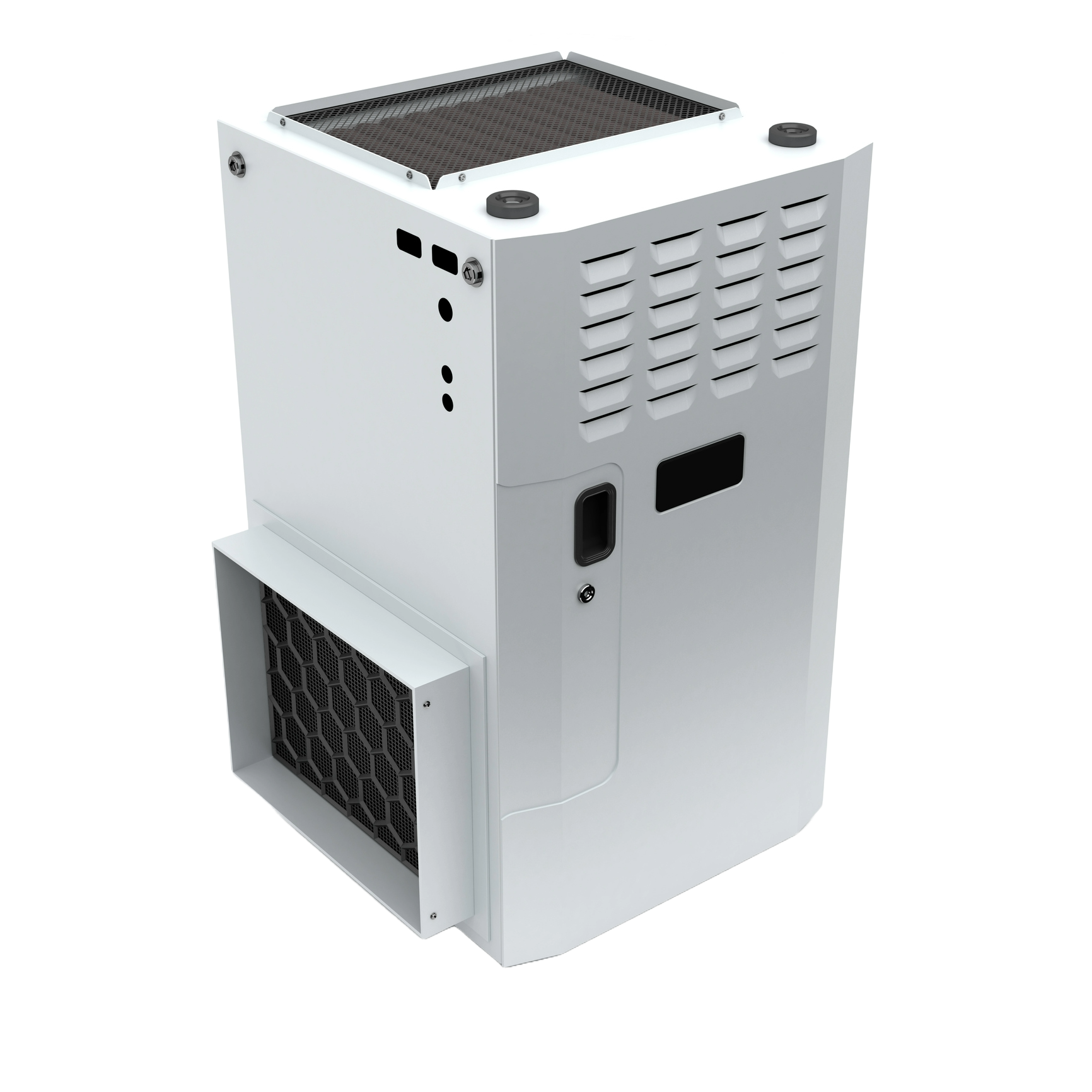 A 3d model of a white air conditioner on a white background White metal HVAC unit with side vent and grille, shown in three-quarter view.