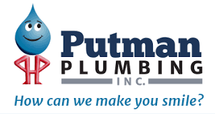 Putman Plumbing logo with blue smiling water droplet mascot and tagline “How can we make you smile?”
