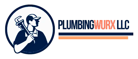 PlumbingWrx LLC logo with blue plumber icon and navy, orange text underlined in blue and orange