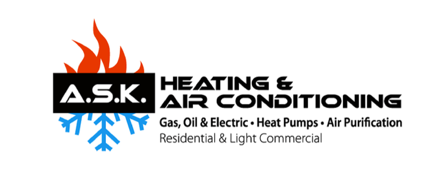 A.S.K. Heating & Air Conditioning logo with orange flame and blue snowflake, featuring gas, oil, electric, and heat pumps