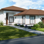 Modern single-story house with white walls, brown tiled roof, front lawn, and paved walkway