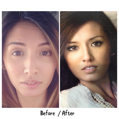 A before and after photo of a woman 's face