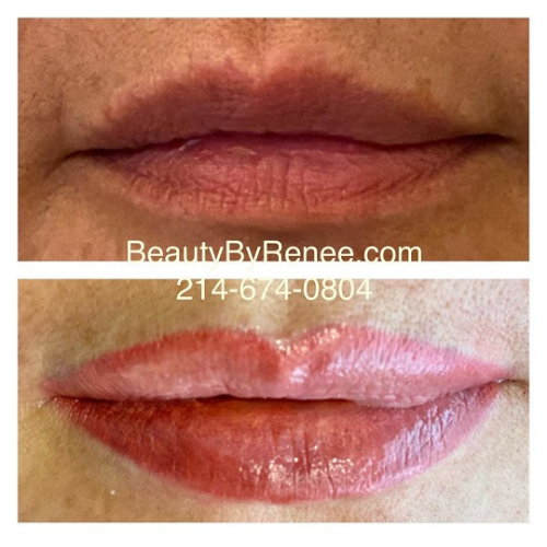 A before and after picture of a woman 's lips with the website beautybyrenee.com