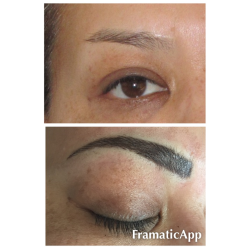 A before and after picture of a woman 's eyebrows.