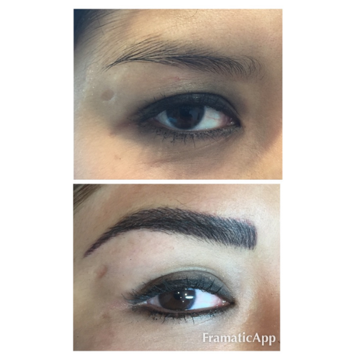 A before and after picture of a woman 's eyebrows.
