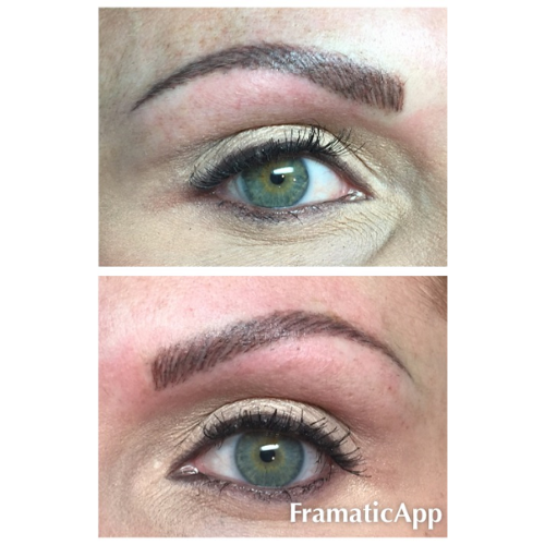 A before and after picture of a woman 's eyebrows.