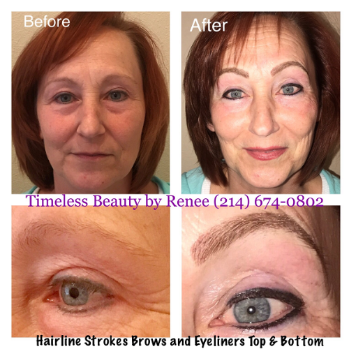 A before and after photo of a woman 's eyebrows and eyeliners