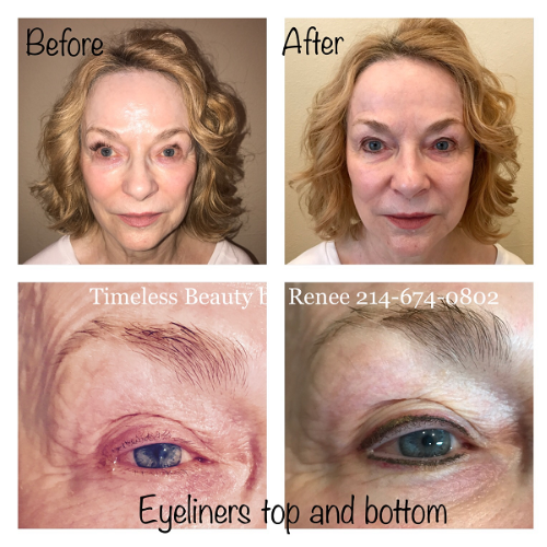 A before and after photo of a woman 's face with eyeliners top and bottom