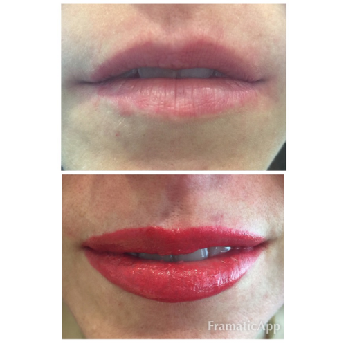 A before and after picture of a woman 's lips with red lipstick