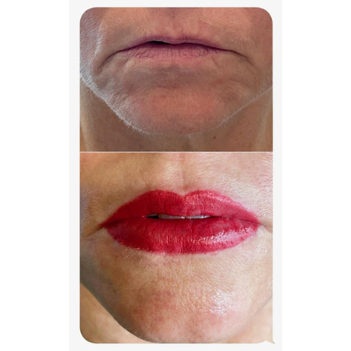 A before and after picture of a woman 's lips with red lipstick.