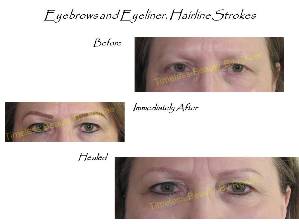A before and after picture of a woman 's eyebrows and eyeliner